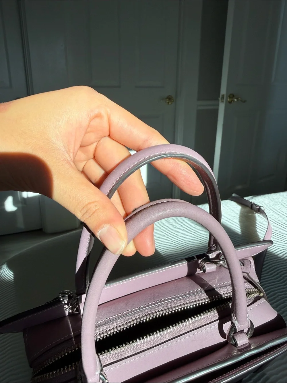Coach Zoe Carryall Lilac Leather Satchel with Silver Padlock Charm